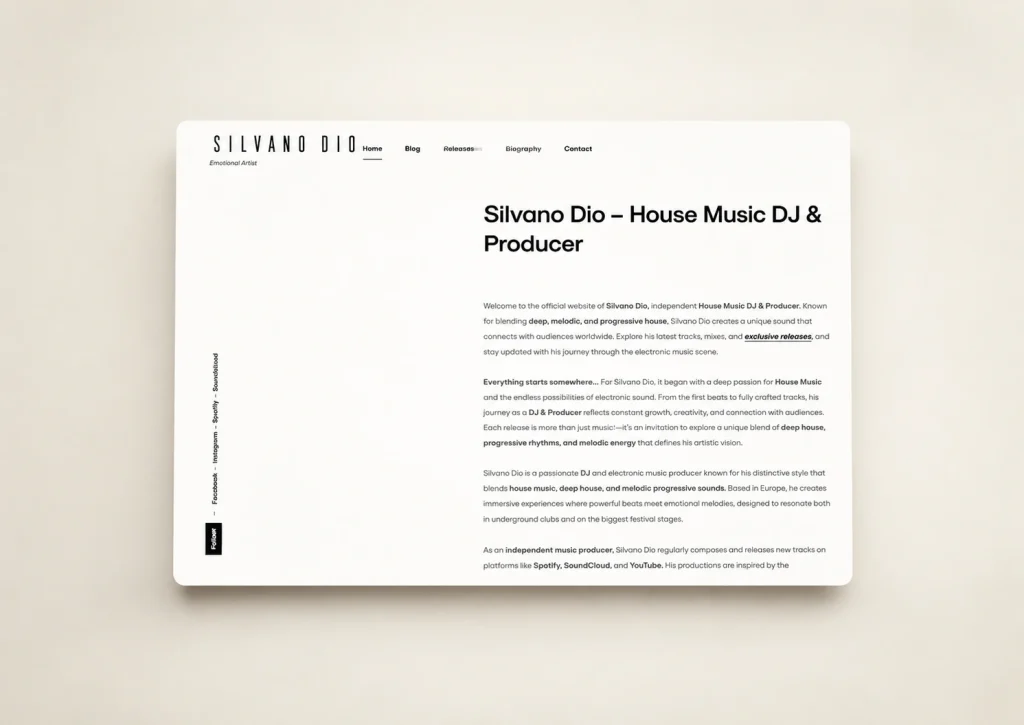Aperçu du site officiel de Silvano Dio, DJ et producteur house music, réalisé par Local Presence Agency.