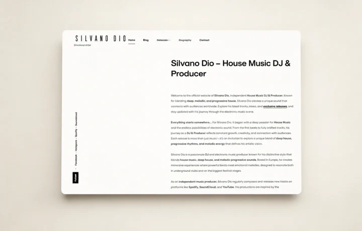 Aperçu du site officiel de Silvano Dio, DJ et producteur house music, réalisé par Local Presence Agency.