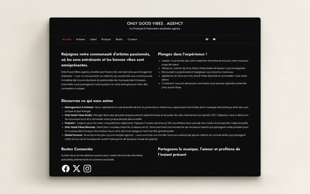 Aperçu du site Only Good Vibes . Agency, une agence musicale dédiée aux DJs, producteurs, podcasts, radio et label.