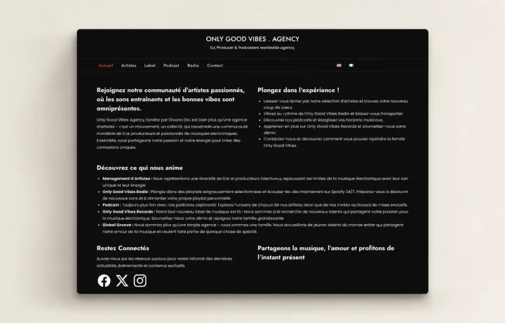 Aperçu du site Only Good Vibes . Agency, une agence musicale dédiée aux DJs, producteurs, podcasts, radio et label.